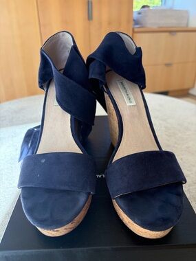 Saks Fifth Avenue Navy Suede Cork Platform Wedge Sandals